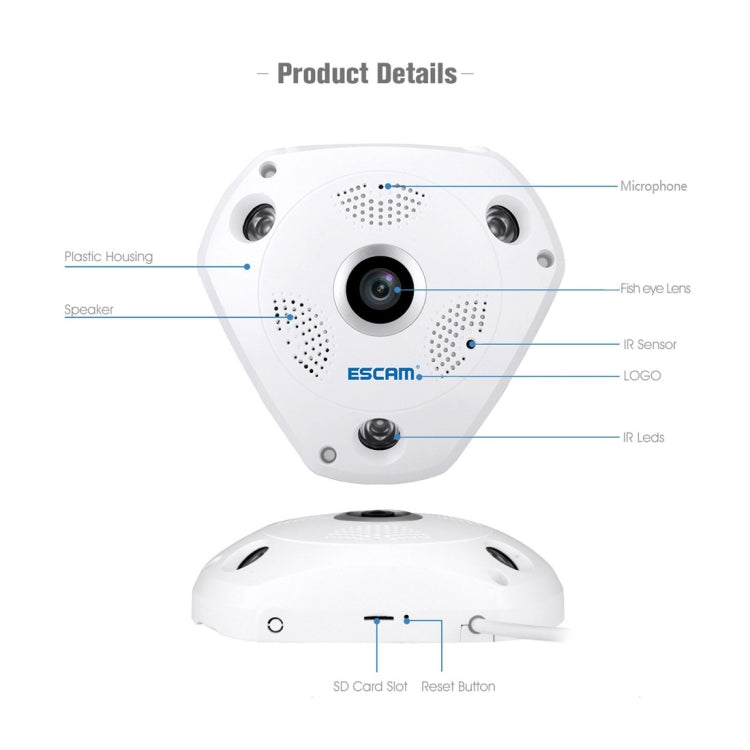 ESCAM Shark QP180 960P 360 Degrees Fisheye Lens 1.3MP WiFi IP Camera, Support Motion Detection / Night Vision, IR Distance: 10m, QP180 ESCAM Shark QP180 960P 360 Degrees Fisheye Lens 1.3MP WiFi IP Camera, Support Motion Detection / Night Vision, IR Distance: 10m, QP180